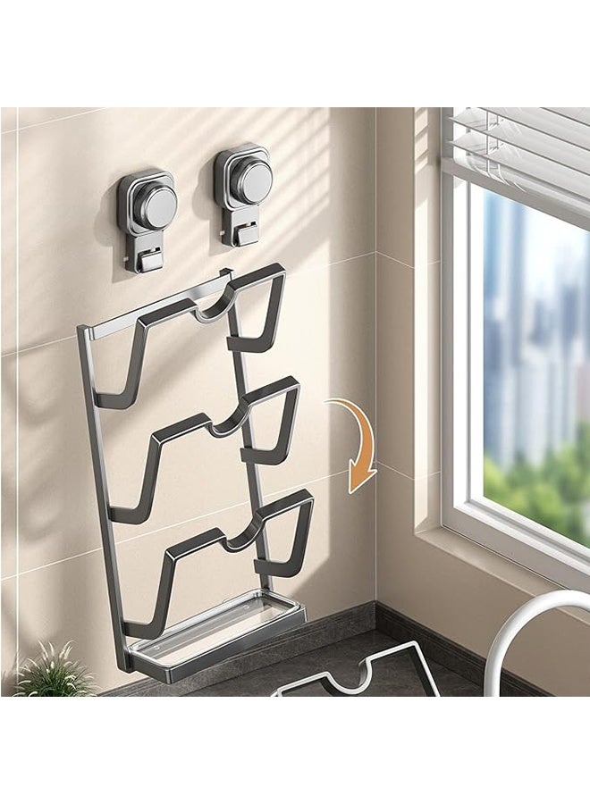 RollsTimi  Wall Mounted Pot Lid Organizer, 3-Tier Kitchen Storage Rack with Suction Cup, Gray Metal Frame with Drip Tray, 16.9x3.07x6.29 Inch - Image 2