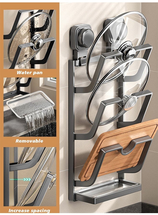 RollsTimi  Wall Mounted Pot Lid Organizer, 3-Tier Kitchen Storage Rack with Suction Cup, Gray Metal Frame with Drip Tray, 16.9x3.07x6.29 Inch - Image 3