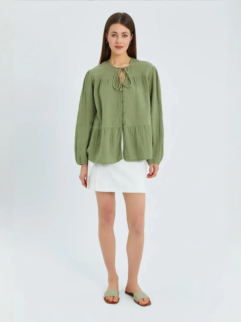 MixRay Mixray Long Sleeve Relaxed Fit Blouse with Tie-Neck