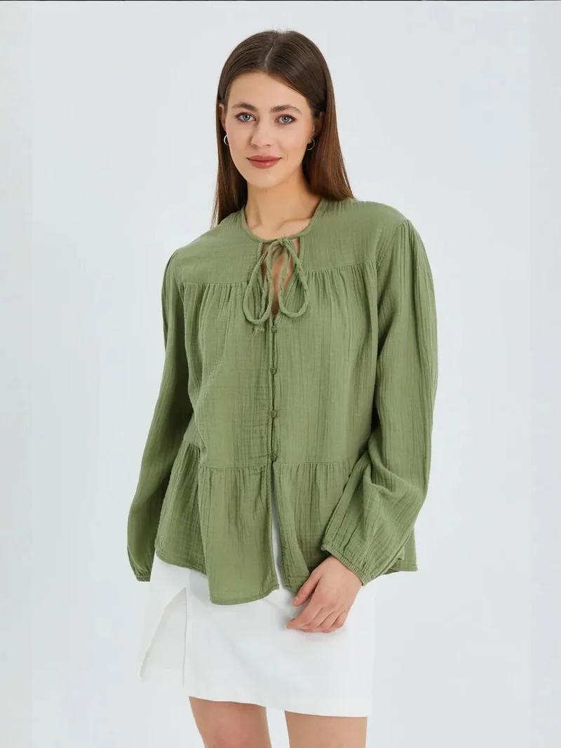 MixRay Mixray Long Sleeve Relaxed Fit Blouse with Tie-Neck