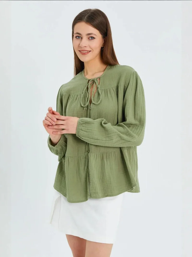 Mixray Sage Green Mixray Long Sleeve Relaxed Fit Blouse with Tie-Neck for Women | Best Price UAE