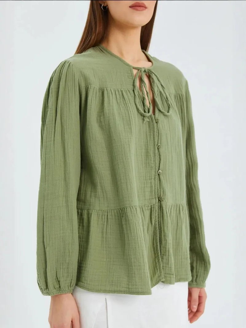Mixray Sage Green Mixray Long Sleeve Relaxed Fit Blouse with Tie-Neck for Women | Best Price UAE