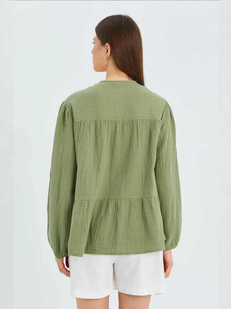 Mixray Sage Green Mixray Long Sleeve Relaxed Fit Blouse with Tie-Neck for Women | Best Price UAE