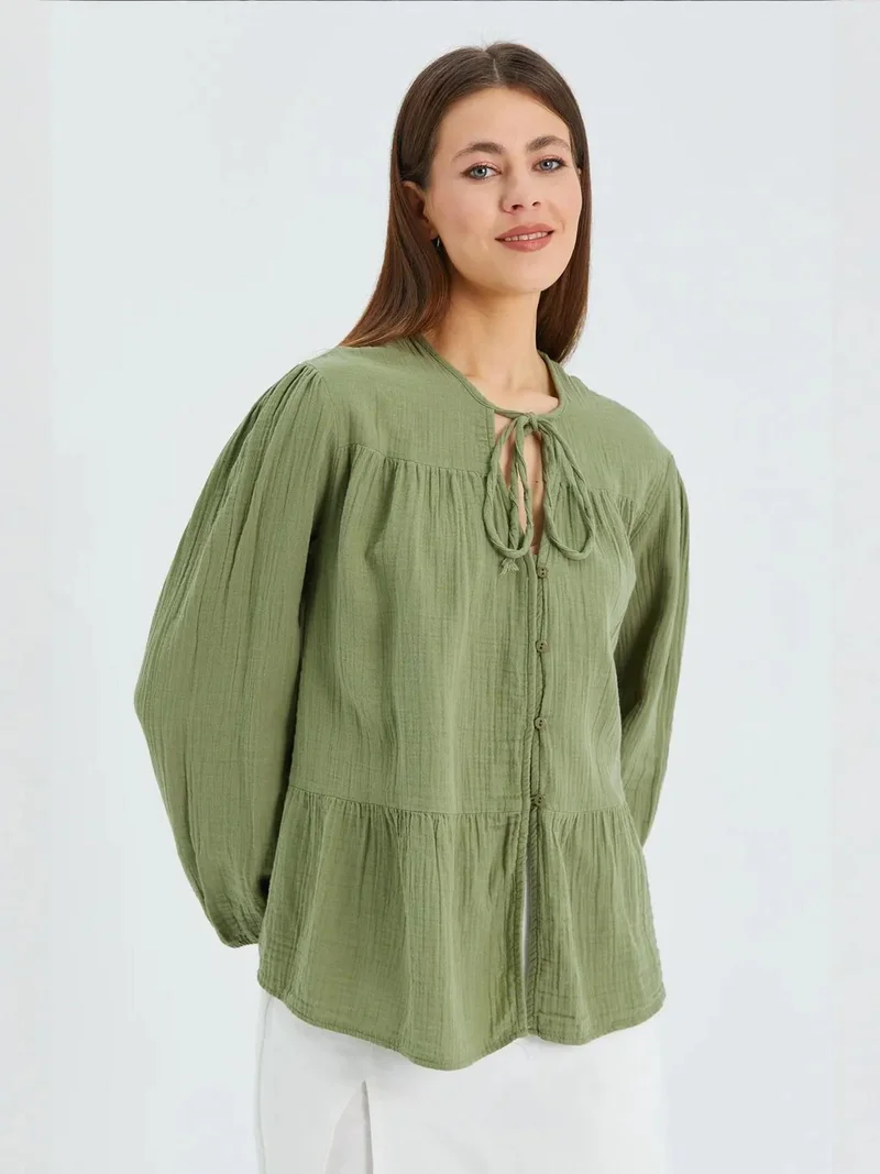 Mixray Sage Green Mixray Long Sleeve Relaxed Fit Blouse with Tie-Neck for Women | Best Price UAE