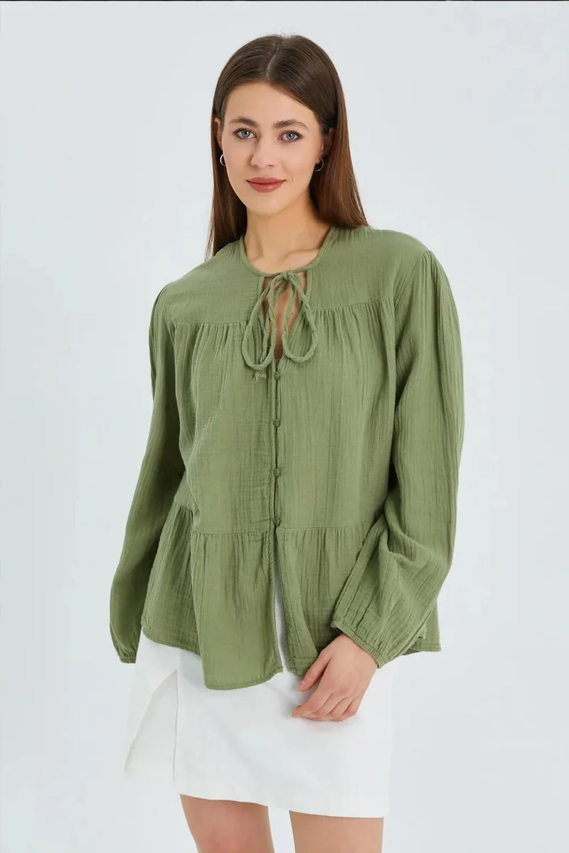 Mixray Mixray Long Sleeve Relaxed Fit Blouse with Tie-Neck
