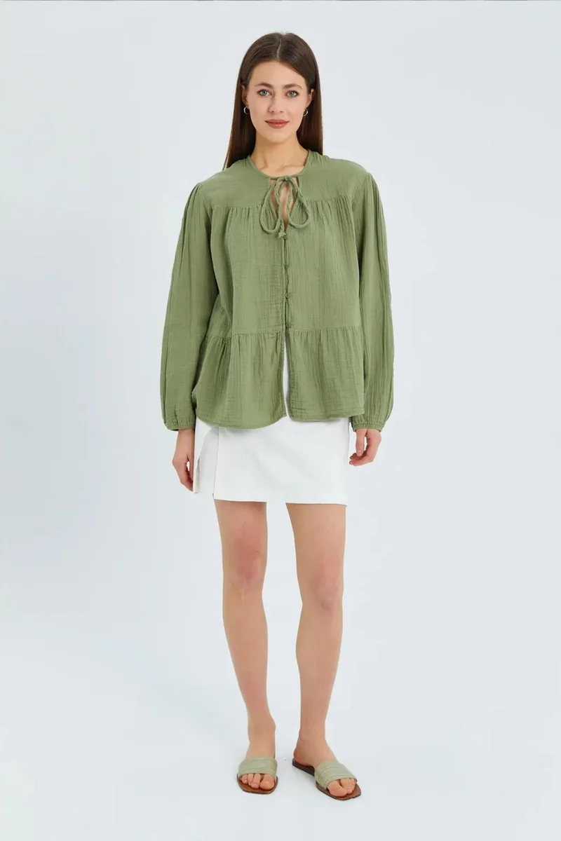 Mixray Mixray Long Sleeve Relaxed Fit Blouse with Tie-Neck