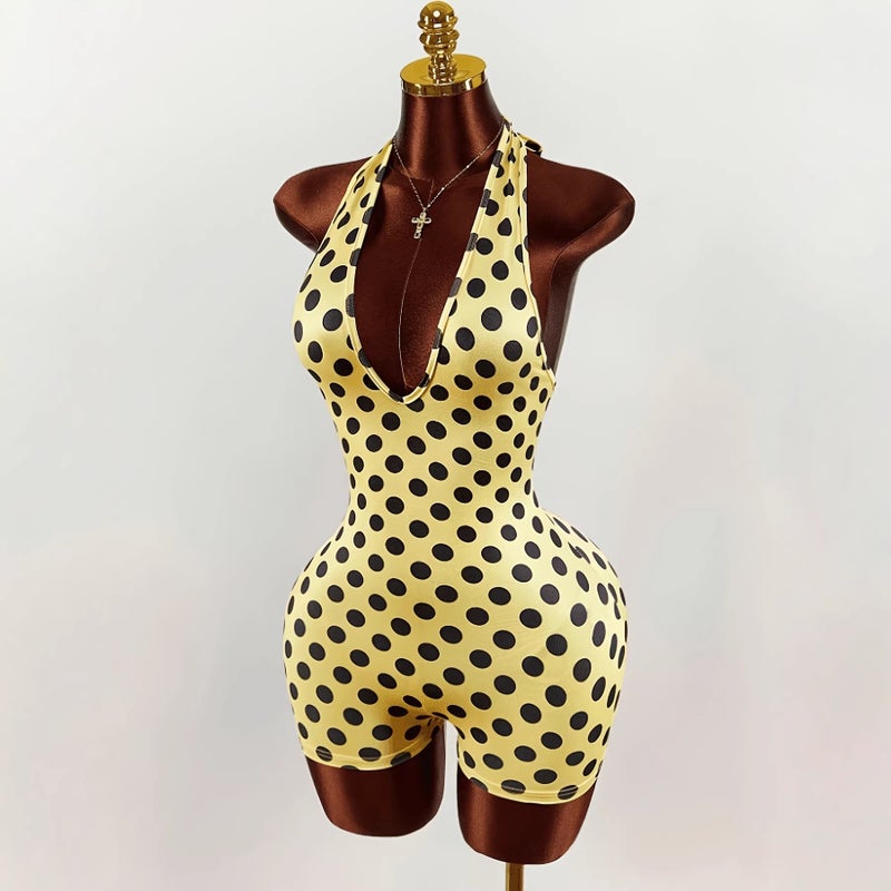 2026 Summer Polka Dot Print Halter Neck Slim Fit Jumpsuit - Image 3