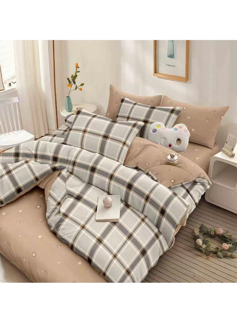 الرائد طقم غطاء لحاف بحجم كينج - 220×240 سم، طقم سرير مع شرشف مطاطي و4 أغطية وسائد - بنقشة مربعات مع تصميم منقط - ملاءات سرير ناعمة وسهلة العناية