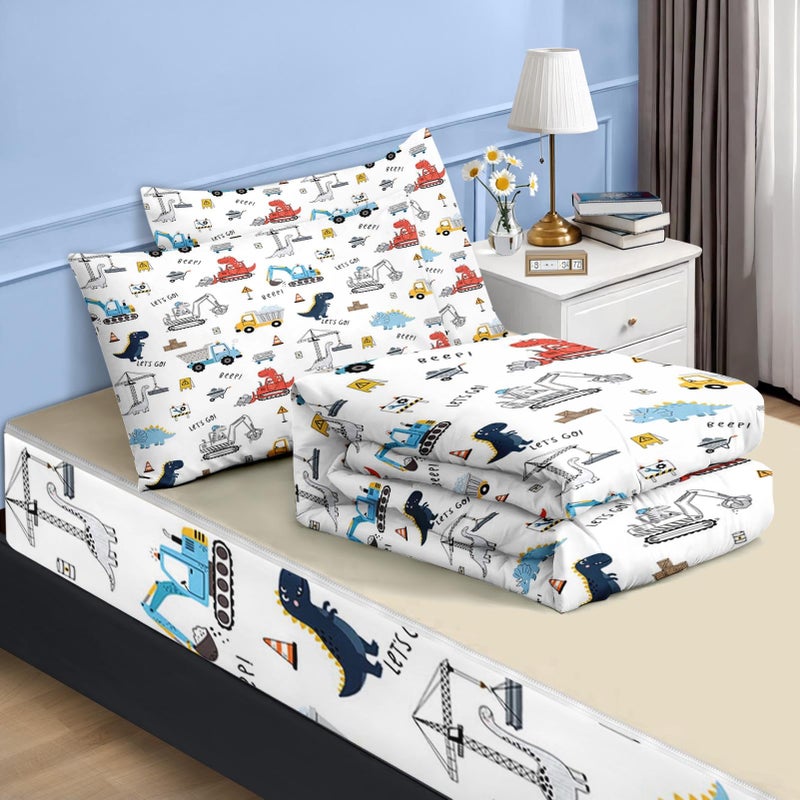 Nesker Twin Zipper Bedding, Truck Dinosaur Zipper Bedding Sets for Boys, 3pcs All in on one, Cute Dino Kids Comforter Set with Fitted Sheet and 2 Pillowcases - Image 2