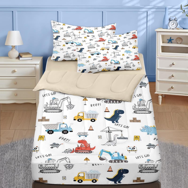 Nesker Twin Zipper Bedding, Truck Dinosaur Zipper Bedding Sets for Boys, 3pcs All in on one, Cute Dino Kids Comforter Set with Fitted Sheet and 2 Pillowcases - Image 1