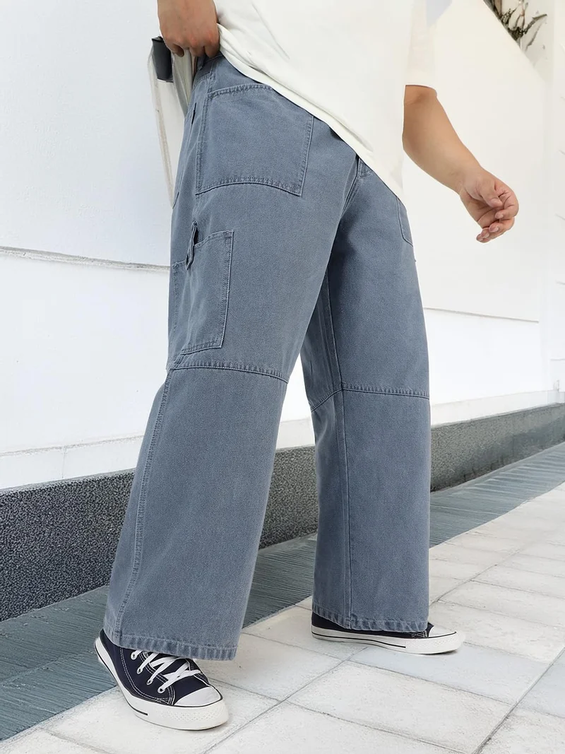 أوربانو فاشن Urbano Plus Men's Light Grey Loose Baggy Fit Washed Cargo Jeans with 6 Pockets Non-Stretchable