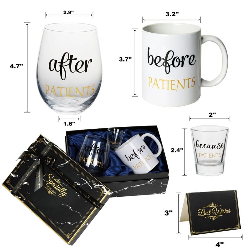 PUGED Before Patients After Patients Because Patients Gift Set 11 oz Coffee Mug 18 oz Stemless Wine Glass and 2 oz Shot Glass for Dentist Doctors Unique Nurses Day Valentines Graduation Gifts (Black) - Image 3