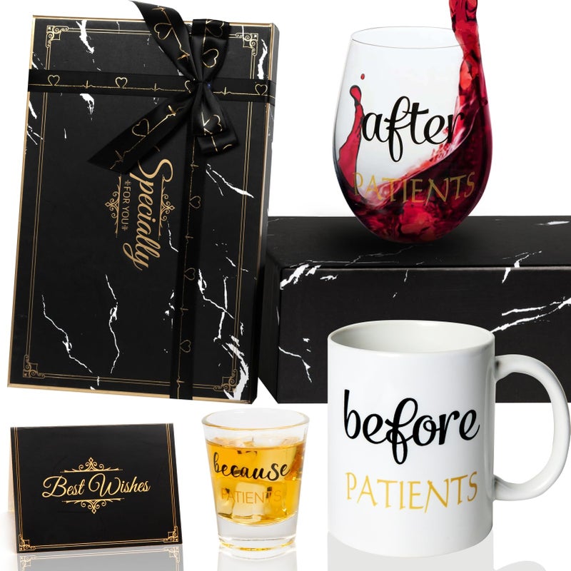 PUGED Before Patients After Patients Because Patients Gift Set 11 oz Coffee Mug 18 oz Stemless Wine Glass and 2 oz Shot Glass for Dentist Doctors Unique Nurses Day Valentines Graduation Gifts (Black) - Image 2