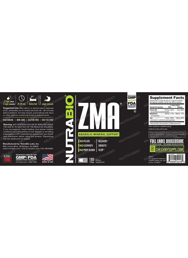 NutraBio - ZMA Vegetable Supplement - Anabolic Mineral Support - 180 Capsules - Recovery, Growth, Sleep - Zinc, Magnesium, and B6 Formula - Image 1