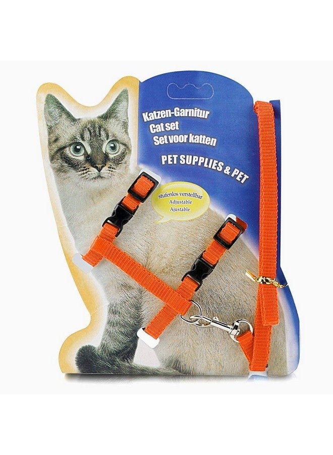 Cat Harness Leash Set - Adjustable Nylon Harness Strap Collar With Leash Set For Small Pet Walking - Plain (Orange) - Image 1