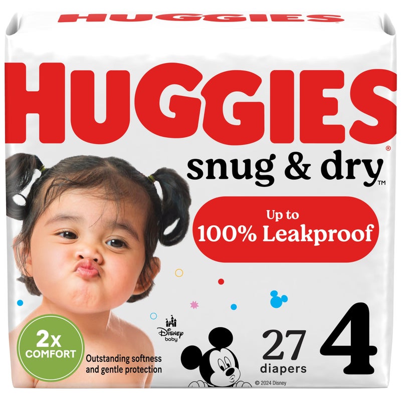 HUGGIES حفاضات هاجيز مقاس 4، حفاضات للأطفال مريحة وجافة، مقاس 4 (22-37 رطل)، 27 قطعة، قد يختلف التعبئة والتغليف - Image 1