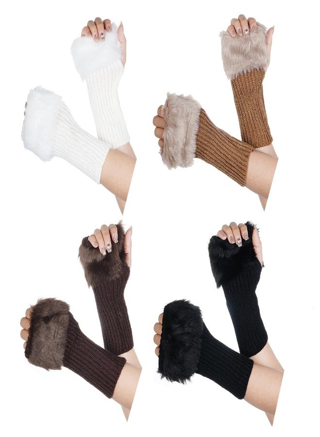 cnomg 4 Pairs Winter Faux Fur Fingerless Gloves Faux Fur Half Finger Warmers Fingerless Gloves for Women Girls Winter Driving Working Typing Indoor Outdoor - Image 1