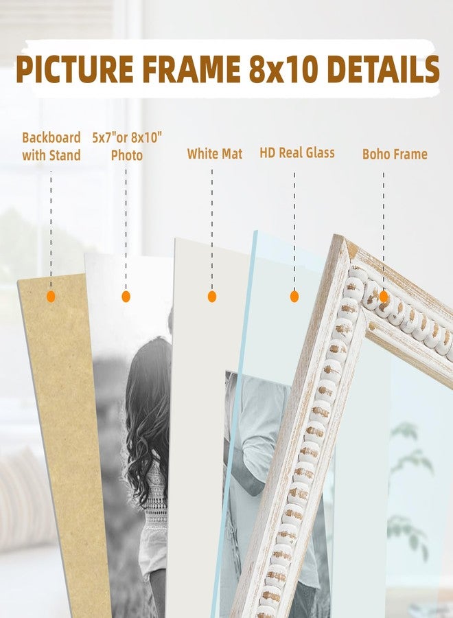 MACVAD White 8x10 Picture Frame with Mat for Displays 8x10 and 5x7 Photos, Farmhouse Picture Frames with Wooden Beaded Design, White 8 by 10 Picture Frame for Tabletop Home Decor - Image 2