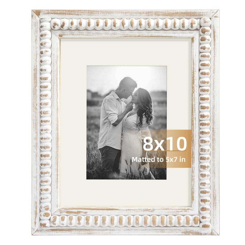 MACVAD White 8x10 Picture Frame with Mat for Displays 8x10 and 5x7 Photos, Farmhouse Picture Frames with Wooden Beaded Design, White 8 by 10 Picture Frame for Tabletop Home Decor - Image 1