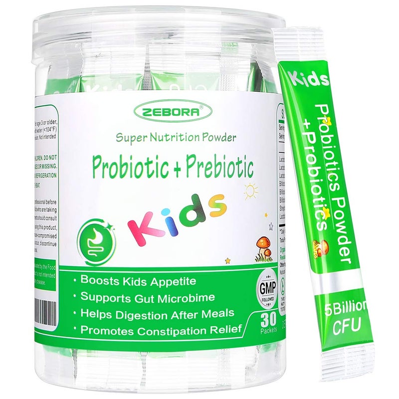 ZEBORA Kids Probiotic Prebiotics Powder Age 3 Support Childrens Digestive Immune System with Natural Source Promotes Constipation Relief NonGMO GlutenFree 30 Packets with 5 Billion CFUs