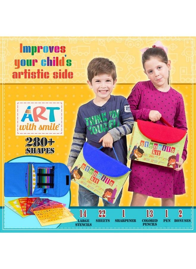 Art with smile Drawing Stencils For Kids Kit & Carry Case Child Safe Non Toxic Stencil Set With 300+ Shapes Colored Pencils Paper Etc. Travel Art Supplies For Creativity Learning Fun  - Image 5