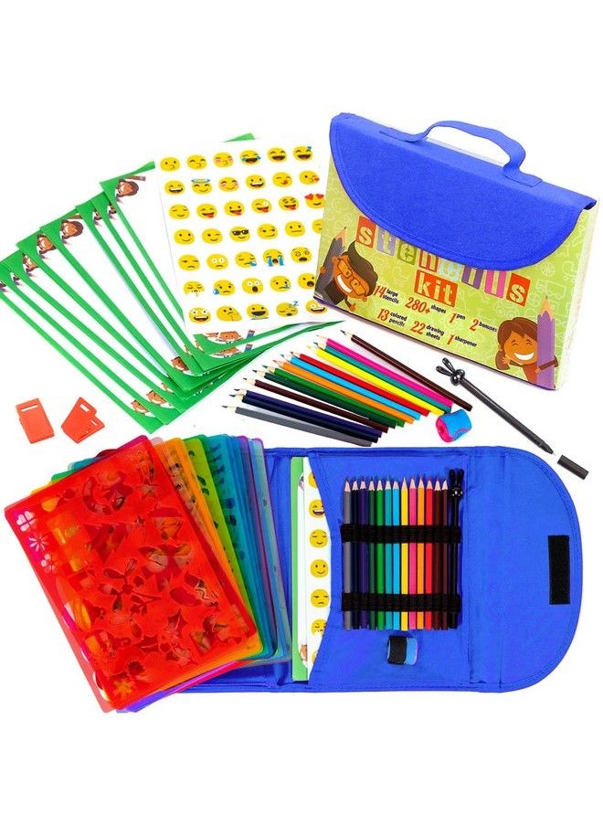Art with smile Drawing Stencils For Kids Kit & Carry Case Child Safe Non Toxic Stencil Set With 300+ Shapes Colored Pencils Paper Etc. Travel Art Supplies For Creativity Learning Fun  - Image 2