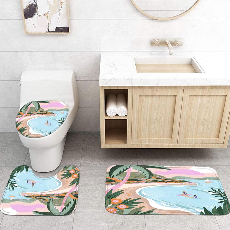 Pretyw 4 Pcs Beach Shower Curtain Set with Non-Slip Rug, Toilet Lid Cover and Mat, Summer Seaside Shower Curtain with 12 Hooks, Waterproof Fabric Bath Curtain for Bathroom - Image 3