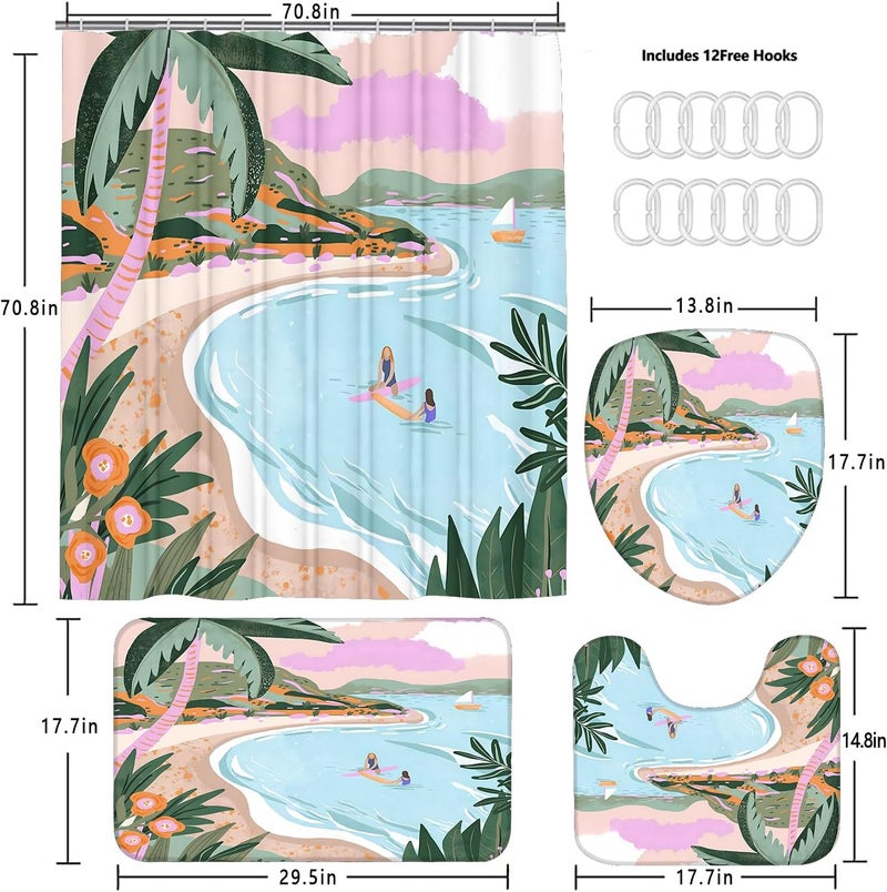 Pretyw 4 Pcs Beach Shower Curtain Set with Non-Slip Rug, Toilet Lid Cover and Mat, Summer Seaside Shower Curtain with 12 Hooks, Waterproof Fabric Bath Curtain for Bathroom - Image 4