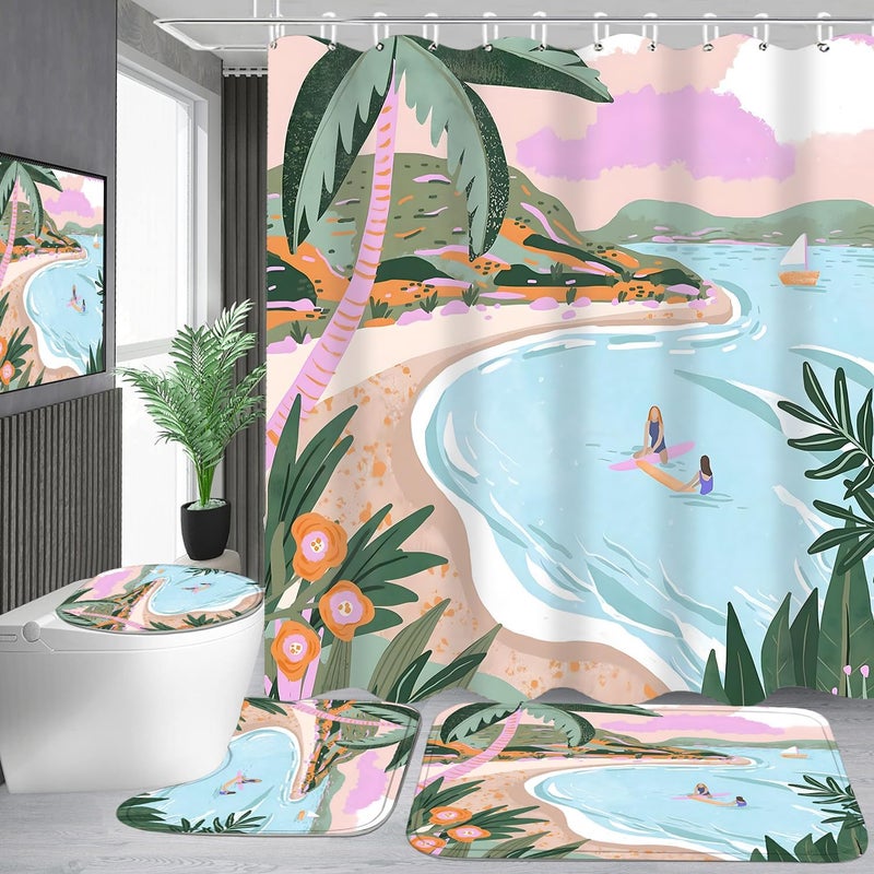 Pretyw 4 Pcs Beach Shower Curtain Set with Non-Slip Rug, Toilet Lid Cover and Mat, Summer Seaside Shower Curtain with 12 Hooks, Waterproof Fabric Bath Curtain for Bathroom - Image 2