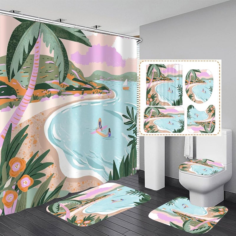 Pretyw 4 Pcs Beach Shower Curtain Set with Non-Slip Rug, Toilet Lid Cover and Mat, Summer Seaside Shower Curtain with 12 Hooks, Waterproof Fabric Bath Curtain for Bathroom - Image 1