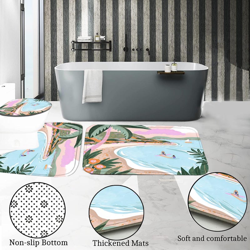 Pretyw 4 Pcs Beach Shower Curtain Set with Non-Slip Rug, Toilet Lid Cover and Mat, Summer Seaside Shower Curtain with 12 Hooks, Waterproof Fabric Bath Curtain for Bathroom - Image 5