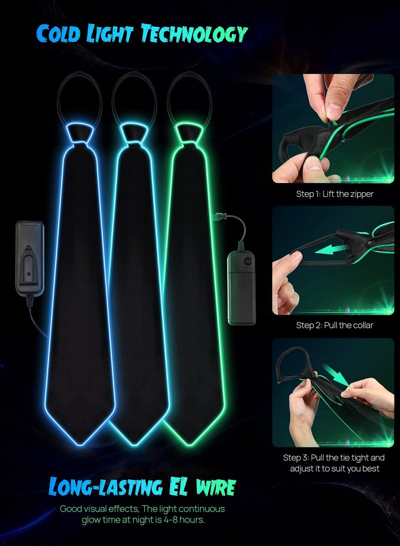 KASTWAVE 3 Pieces LED Light Up Ties for Men Adjustable Novelty Neckties Glow Necktie Neon in the Dark, Bars Party Show Costume Accessory Green, light blue, blue.  - Image 3