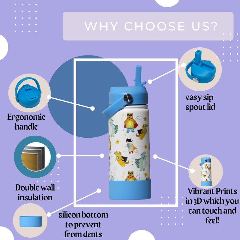 TOM  BELL Insulated Water Bottle for Kids 500ml,Double Wall Water Bottle for School, Sipper Bottle,Hot and Cold, Premium 304 Stainless Steel (Superhero!, 500ml) - Image 5