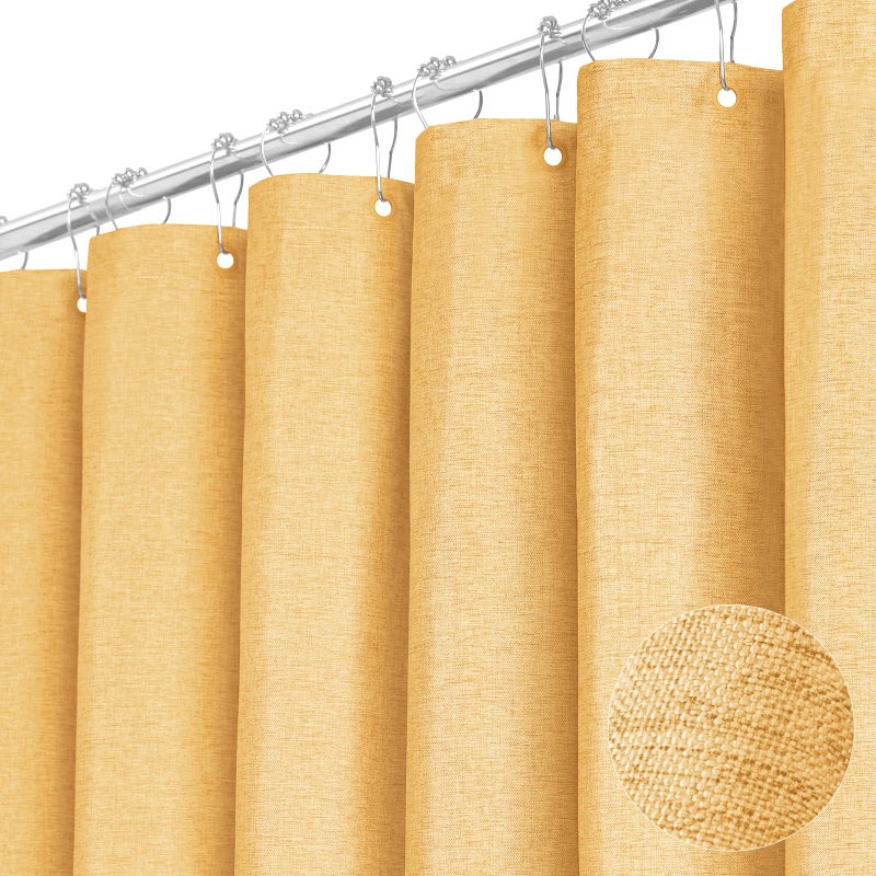 BTTN Extra Long Shower Curtain - 84 Inch Long Linen Textured Heavy Duty Fabric Shower Curtain Set with 12 Plastic Hooks  Hotel Spa Simple Polyester Bath Curtains for Bathroom  72x 84  Gold - Image 1