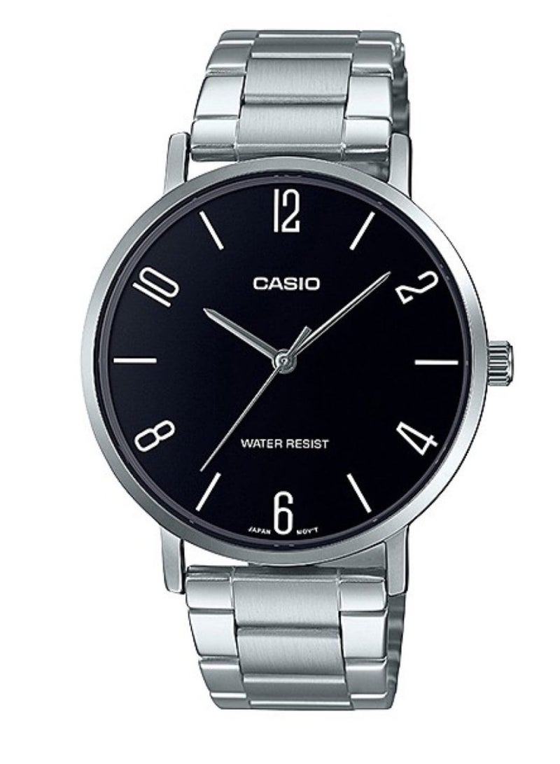 Casio Analog Watch, Black Dial, Stainless Steel Band, MTP-VT01D-1B2UDF - 40 mm - Silver for Men - Image 1