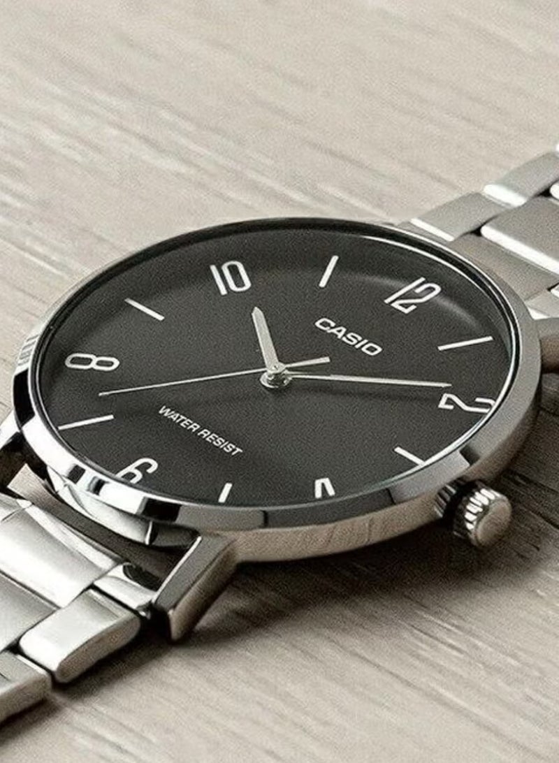 Casio Analog Watch, Black Dial, Stainless Steel Band, MTP-VT01D-1B2UDF - 40 mm - Silver for Men - Image 2