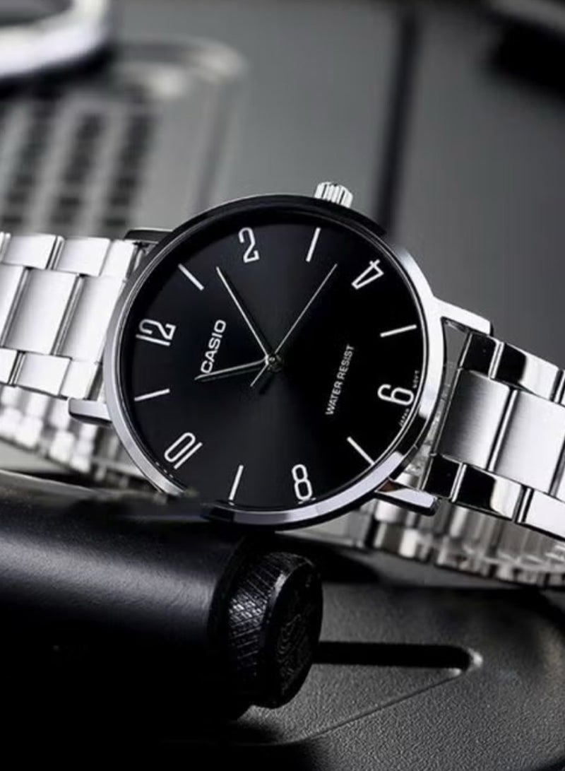 Casio Analog Watch, Black Dial, Stainless Steel Band, MTP-VT01D-1B2UDF - 40 mm - Silver for Men - Image 3