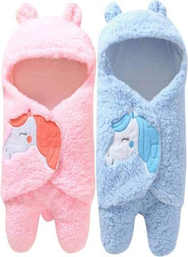 First Trend Cartoon Crib Hooded Baby Wrapper Blanket Pink Blue (Pack of 2) - Image 1