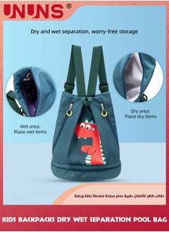 UNUNS Swimming Backpack For Kids,Dry And Wet Separation Pool Bag For Boy Girl, Portable Waterproof Backpack For Camping Gym Sports Beach Pool,Gear Bag With Zippers,Green Dinosaur  - Image 4