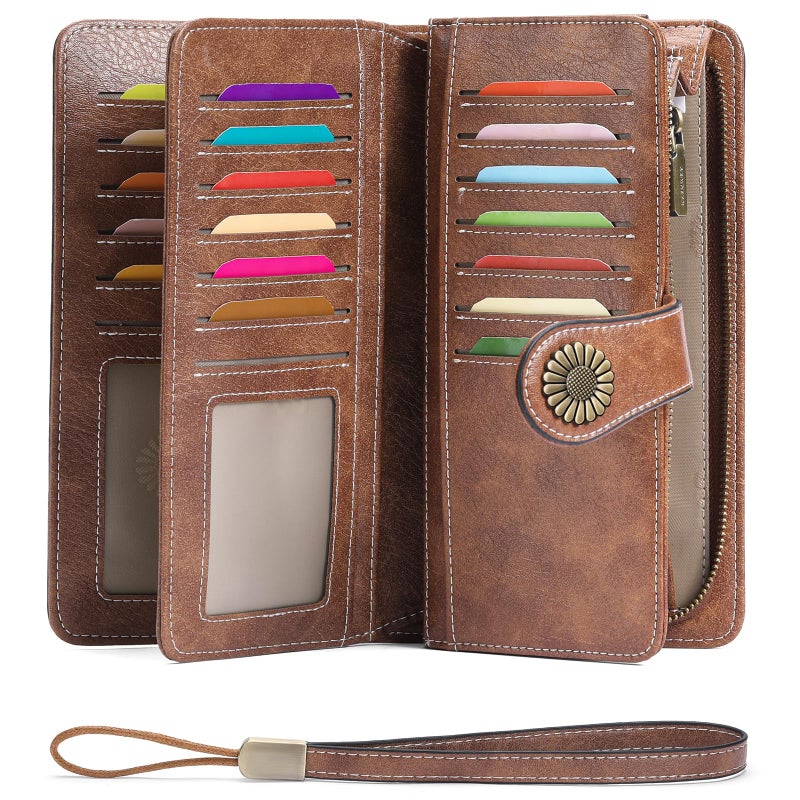 SENDEFN Wallets for Women Leather Credit Card Holder with RFID Blocking Large Capacity Wristlet - Image 1