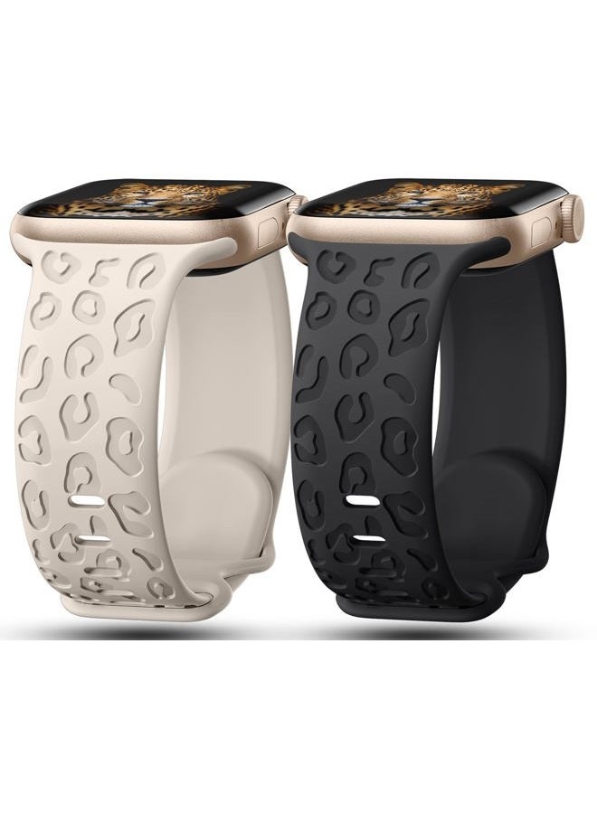 IKANFI 2Pack Leopard Engraved Bands Compatible with Apple Watch Band 41mm 40mm 38mm Women, Silicone Cheetah Sport Strap for iWatch Series SE 10 9 8 7 6 5 4 3 2 1,Ultra-BKSL-38 - Image 1