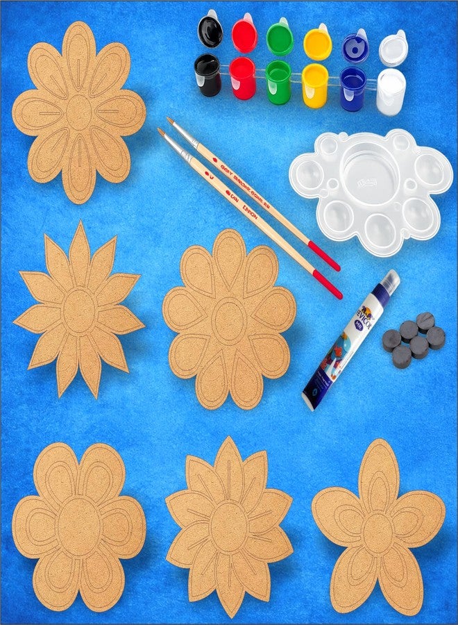 PICRAZEE مجموعة بيكريزي لرسم الزهور للأطفال | 6 قطع زهور من خشب الصنوبر MDF (سمك 5.5 مم) مع ألوان أكريليك وفرش ولوحة ألوان ومغناطيس | لعبة فنية وحرفية خشبية إبداعية - Image 1