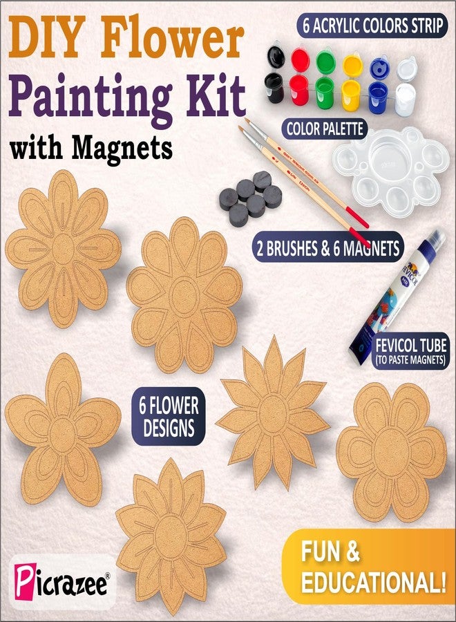 PICRAZEE مجموعة بيكريزي لرسم الزهور للأطفال | 6 قطع زهور من خشب الصنوبر MDF (سمك 5.5 مم) مع ألوان أكريليك وفرش ولوحة ألوان ومغناطيس | لعبة فنية وحرفية خشبية إبداعية - Image 2