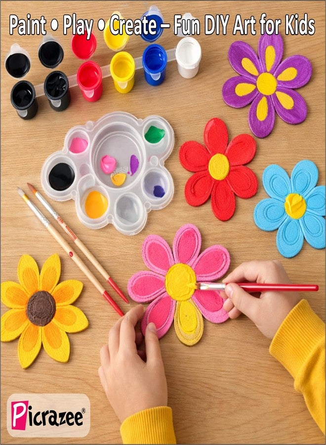 PICRAZEE مجموعة بيكريزي لرسم الزهور للأطفال | 6 قطع زهور من خشب الصنوبر MDF (سمك 5.5 مم) مع ألوان أكريليك وفرش ولوحة ألوان ومغناطيس | لعبة فنية وحرفية خشبية إبداعية - Image 4