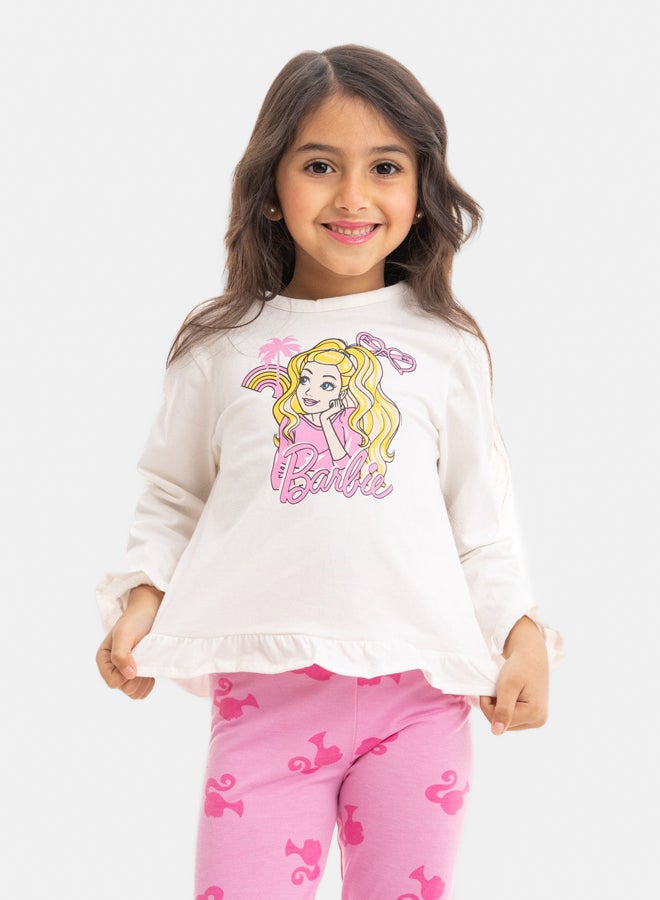 Girls Cream Pajama Shirt with Chest Print and Pink Pajama Shorts