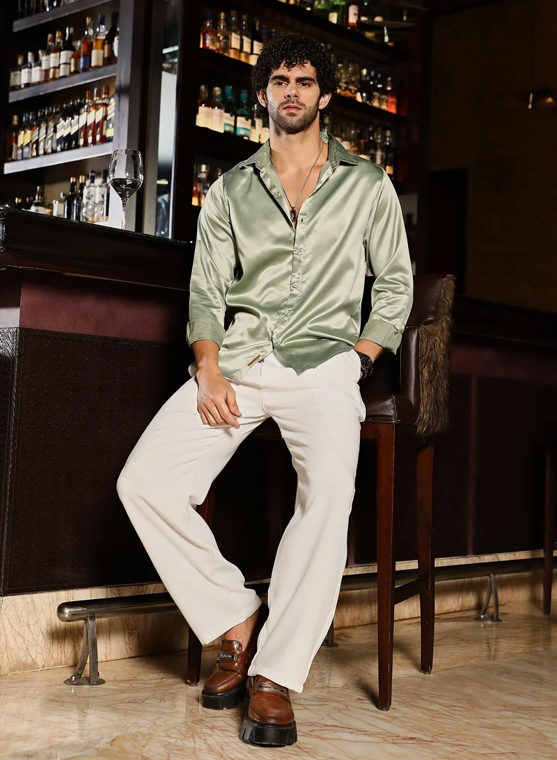 Campus Sutra Men's Sage Green Solid Satin Shirt