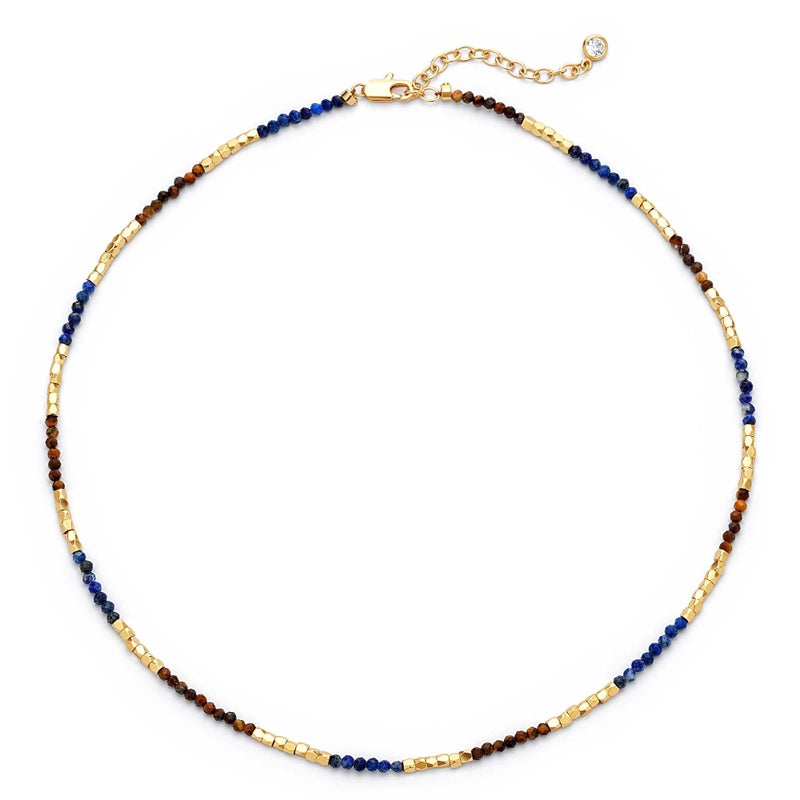 MTMY Beaded Gemstone Choker Necklace for Women, 14K Gold Plated Boho Colorful Natural Stone Bead Chain Necklace Summer Beach Handmade Jewelry(Lapis Lazuli & Tigerâ€™s Eye) - Image 1