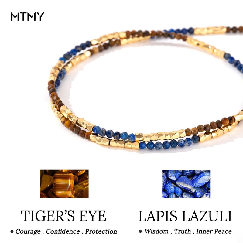 MTMY Beaded Gemstone Choker Necklace for Women, 14K Gold Plated Boho Colorful Natural Stone Bead Chain Necklace Summer Beach Handmade Jewelry(Lapis Lazuli & Tigerâ€™s Eye) - Image 3