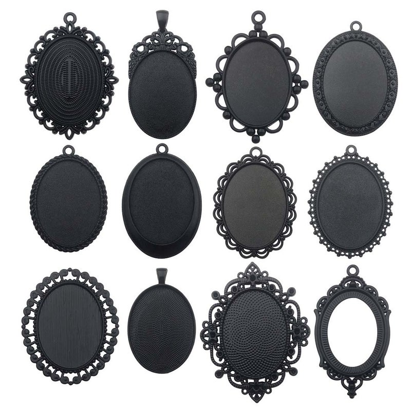 Youdiyla 10pcs 30x40mm Black Pendant Trays Blank Glass Cabochons Dome Base Setting Bezel Frame Cameo Metal Alloy Charms for Jewelry Making DIY Findings HM117