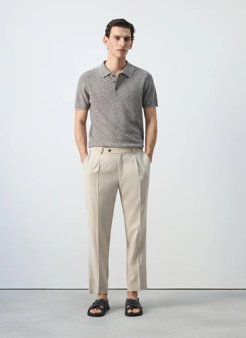 Mango Man 56-NAVY Ribbed Cotton-Linen-Blend Polo for Men | Best Price UAE